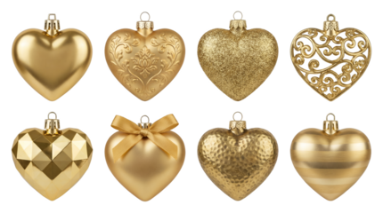 Gold heart ornament set including smooth, embossed, glitter, filigree, faceted, ribbon, hammered, and striped designs isolated. Valentine and holiday decoration collection.