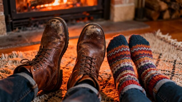 Shared Storytelling: A close-up of two sets of feet&mdash;one in worn leather boots, the other in colorful knitted socks&mdash;resting on a textured rug in front of a fireplace. The soft orange glow of the fire c