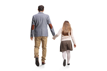 Father and daughter holding hands and walking away