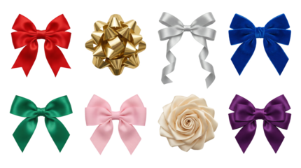 Colorful gift bow set including satin, velvet, metallic, and flower shaped ribbons isolated. Festive present wrapping and holiday decoration collection.