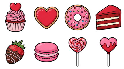 Valentine's Day dessert set including cupcake, cookie, donut, cake, strawberry, macaron, and lollipops isolated. Sweet treat and bakery collection.