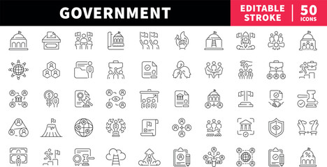 Government editable line icons set: policies, civic symbols in outline style