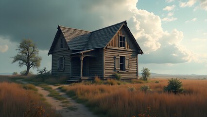 Obraz premium Weathered Wooden House in Remote Rural Area with Cloudy Sky