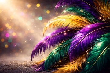 Vibrant Mardi Gras Feathers in Purple, Green, and Gold