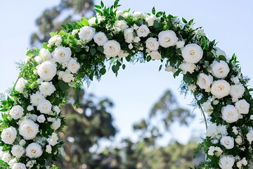 A classic circular wedding arch embellished with white cascading roses and lush greenery for a timeless elegance,