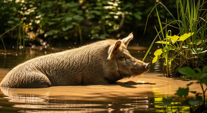pig cooling off in a mud puddle under filtered sunlight