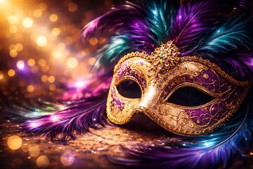 Luxurious Venetian Masquerade Mask with Feathers and Glittering Lights