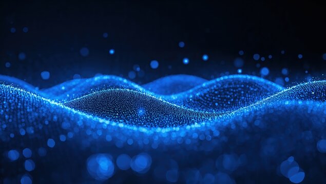 Glowing blue digital wave with particles representing technology data flow, futuristic network, innovation concept, and abstract motion background - Powered by Adobe