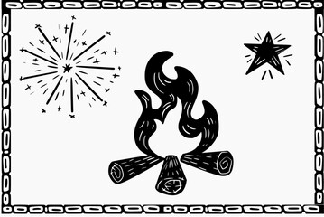 Bonfire, fireworks and star in a traditional woodcut-style frame.