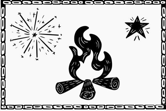 Bonfire, fireworks and star in a traditional woodcut-style frame.