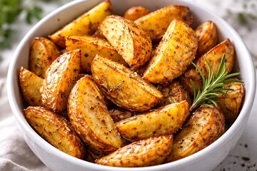 Roasted Potato Wedges with Herbs in White Bowl