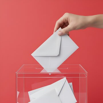Main d&eacute;posant un bulletin de vote dans une urne transparente lors d'une &eacute;lection officielle pour le futur de la d&eacute;mocratie