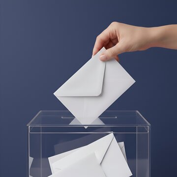 Main d&eacute;posant un bulletin de vote dans une urne transparente lors d'une &eacute;lection officielle pour le futur de la d&eacute;mocratie