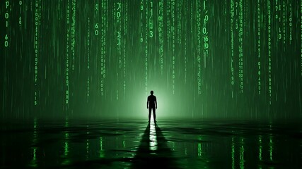 A man stands in a futuristic digital environment surrounded by falling green code