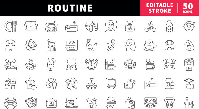 Daily routine editable line icons set. lifestyle and activity designs