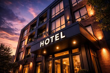 Modern Hotel Exterior at Dusk with Warm Lighting and Urban Architecture
