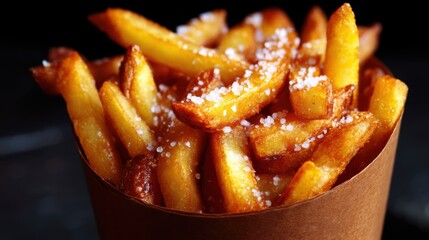 Golden crispy french fries with sea salt in a brown cup.