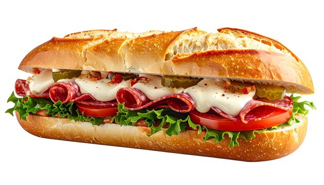 A close-up view shows a delectable sub sandwich, featuring layered meats, fresh vegetables, creamy sauce, and pickles, on a long, toasted roll