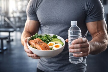 Fit Man Holding Healthy Meal and Water Bottle in Gym
