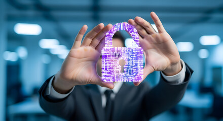 Businessman holding glowing digital padlock icon representing da