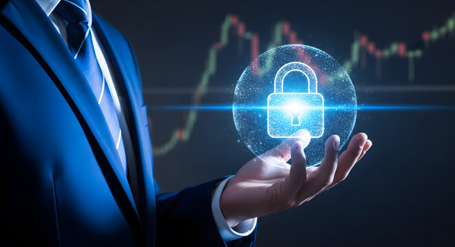 Businessman holding glowing digital padlock icon representing da - Powered by Adobe
