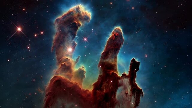 Behold the awe-inspiring Pillars of Creation, a breathtaking view of cosmic beauty, where stardust and gas sculpt colossal formations within the Eagle Nebula. This celestial artwork.