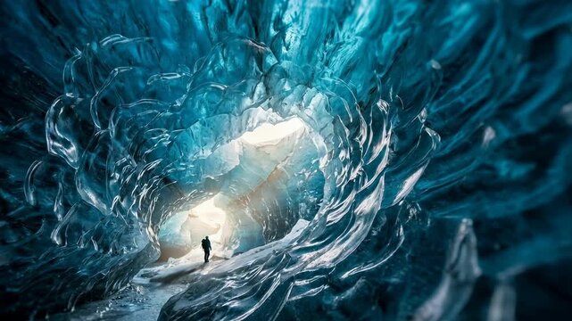A lone figure stands dwarfed by the awe-inspiring beauty of a vast ice cave, their silhouette a tiny testament to the scale of nature's artistry and a reminder of human exploration. 