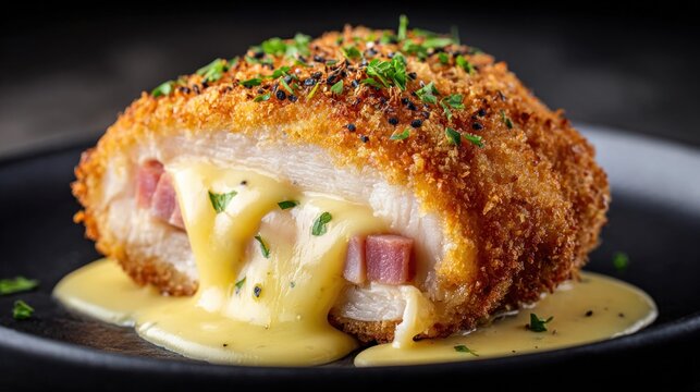 Delicious chicken cordon bleu with melted cheese and ham on a black plate