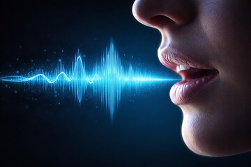 Person Speaking with Sound Wave Visualization, Voice Activated Technology, Blue Light Effect