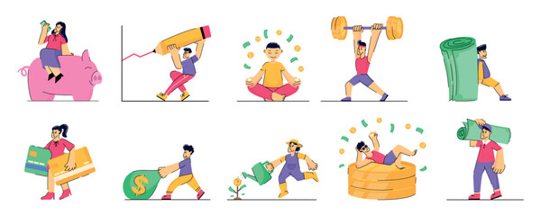 Fototapeta premium Collection work people. People, vector illustration, Business finance, grow graphic, calm investment, investment success, financial activity, flat vector illustration, cartoon style, economy.