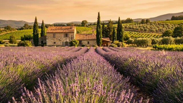 A picturesque landscape unfolds, with a rustic building nestled amidst fields of fragrant lavender and verdant vineyards, offering a sense of peace and harmony.