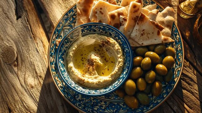 Delicious hummus dip with warm pita bread and green olives served on a decorative plate over rustic wooden table for Mediterranean food background