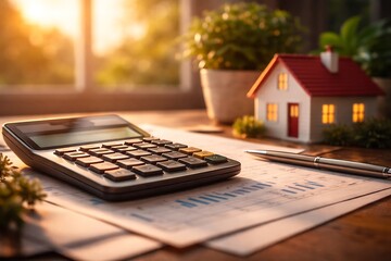Home Finance Planning with Calculator and Documents on Wooden Desk