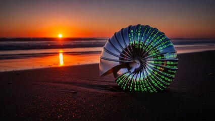 A futuristic umbrella with binary code on a serene beach at sunset
