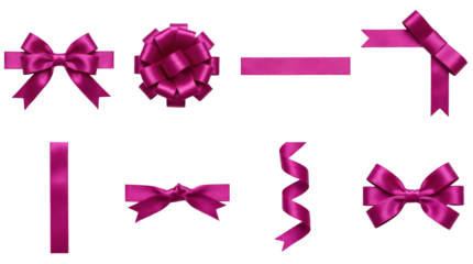 Magenta pink satin ribbon set including gift bows, strips, curly swirls, and corner border accents isolated. Decorative packaging and festive stationery collection.