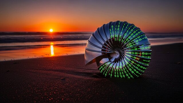 A futuristic umbrella with binary code on a serene beach at sunset - Powered by Adobe
