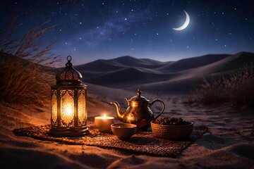 Serene Desert Night with Lantern, Tea, and Crescent Moon