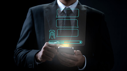 Businessman in a suit interacts with a futuristic AI chatbot interface on a smartphone. Concept for digital assistant, automated customer service, and innovative business communication