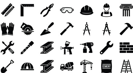 Construction, masonry, building tools icons for professional engineering, home renovation, architecture project, industrial masonry, equipment, safety, site management, maintenance.
