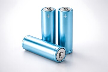 Three blue lithium batteries on white background, close-up