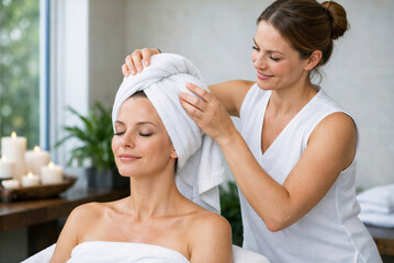 Relaxed woman enjoying a spa treatment with a therapist wrapping towel around her head in a serene ambiance