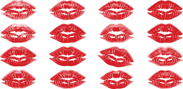 A collection of red lipstick kiss prints artfully arranged in a grid pattern against a white background, showcasing a variety of lip shapes and angles