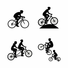 Obraz premium A collection of black silhouettes illustrating various cycling activities, including road biking, mountain biking, tandem riding, and freestyle cycling.