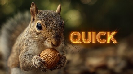 A close-up of a gray squirrel holding a walnut, showcasing its curious expression and bushy tail, in a natural outdoor setting.
