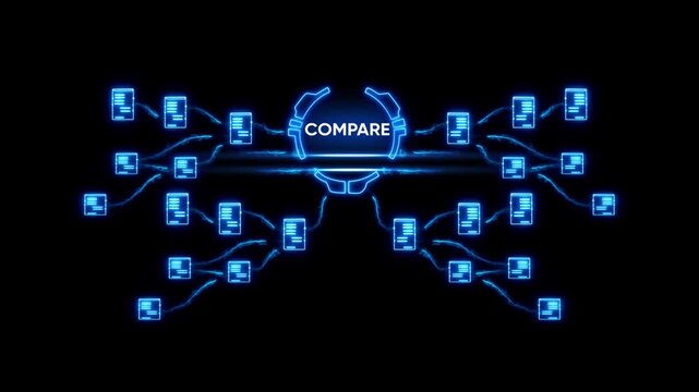 Compare Data Analysis Information Network Glowing Blue Documents Connection Flow