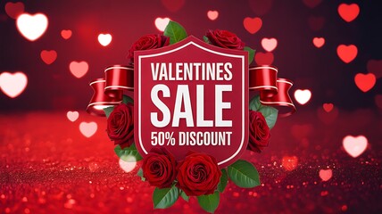 Valentines day sale banner with red roses and heart decoration
