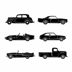 Black silhouettes collection of six distinct classic and vintage automobiles, including a pickup truck, muscle cars, and convertibles, isolated on white.