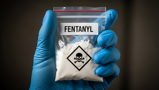 Gloved hand holding a small plastic bag of fentanyl powder