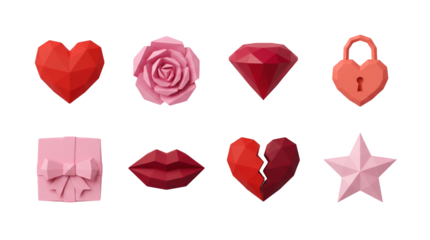 Valentine paper craft set including heart, rose, diamond, lock, gift box, lips, broken heart, and star shapes isolated. Romantic origami and low poly elements.