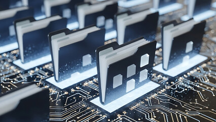 Digital data storage concept with folders on computer circuit board